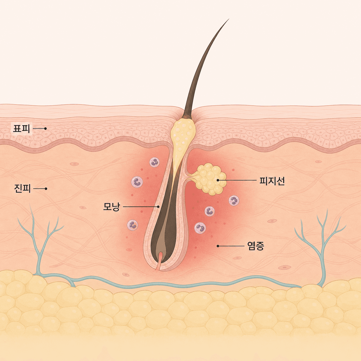 모낭 안에서 진행 중인 염증 반응과 피부층 구조