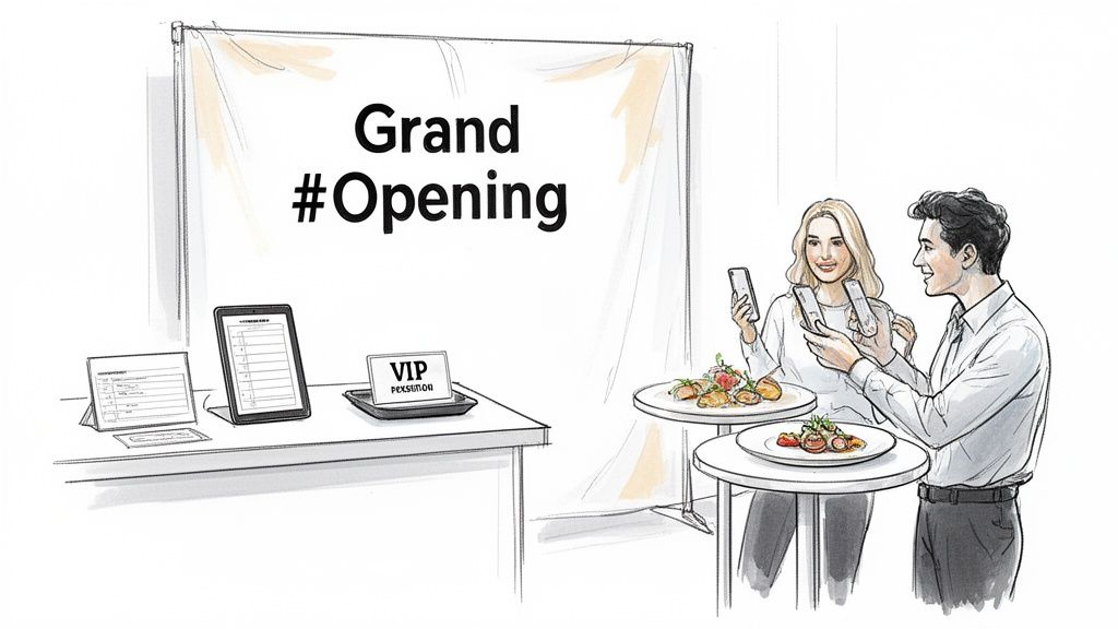 Attendees at a grand opening event capturing photos of food and the branded banner with smartphones.