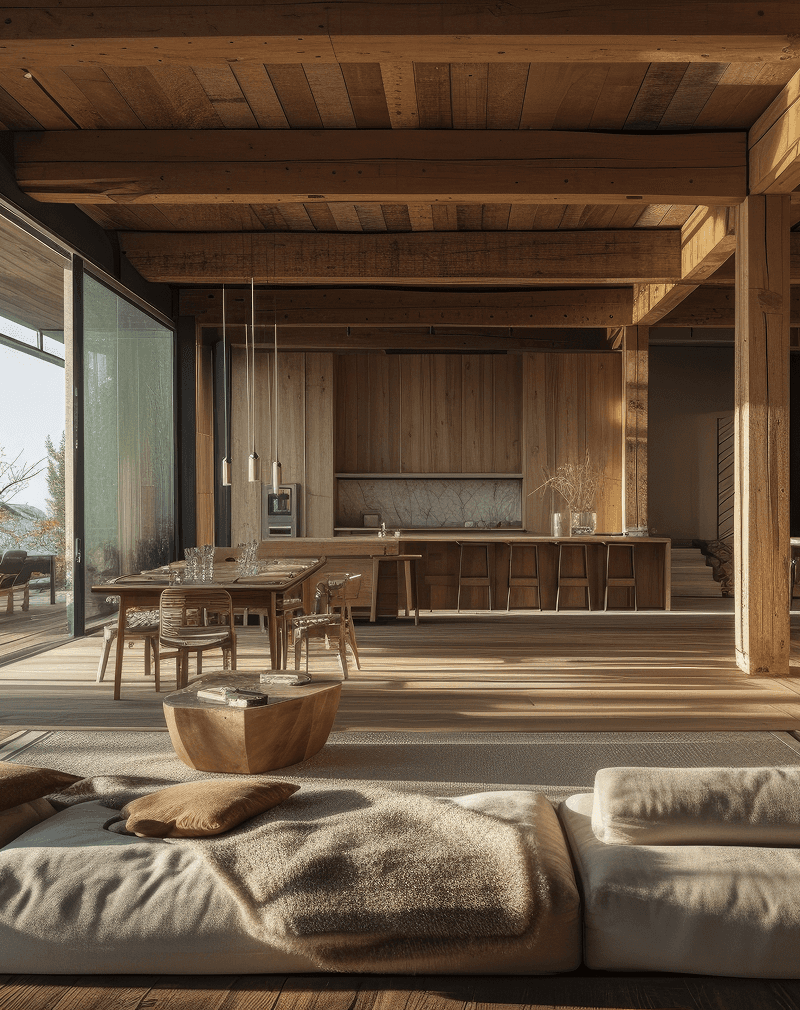 Spacious interior featuring wooden beams, natural light, and minimalistic furniture for a cozy atmosphere.