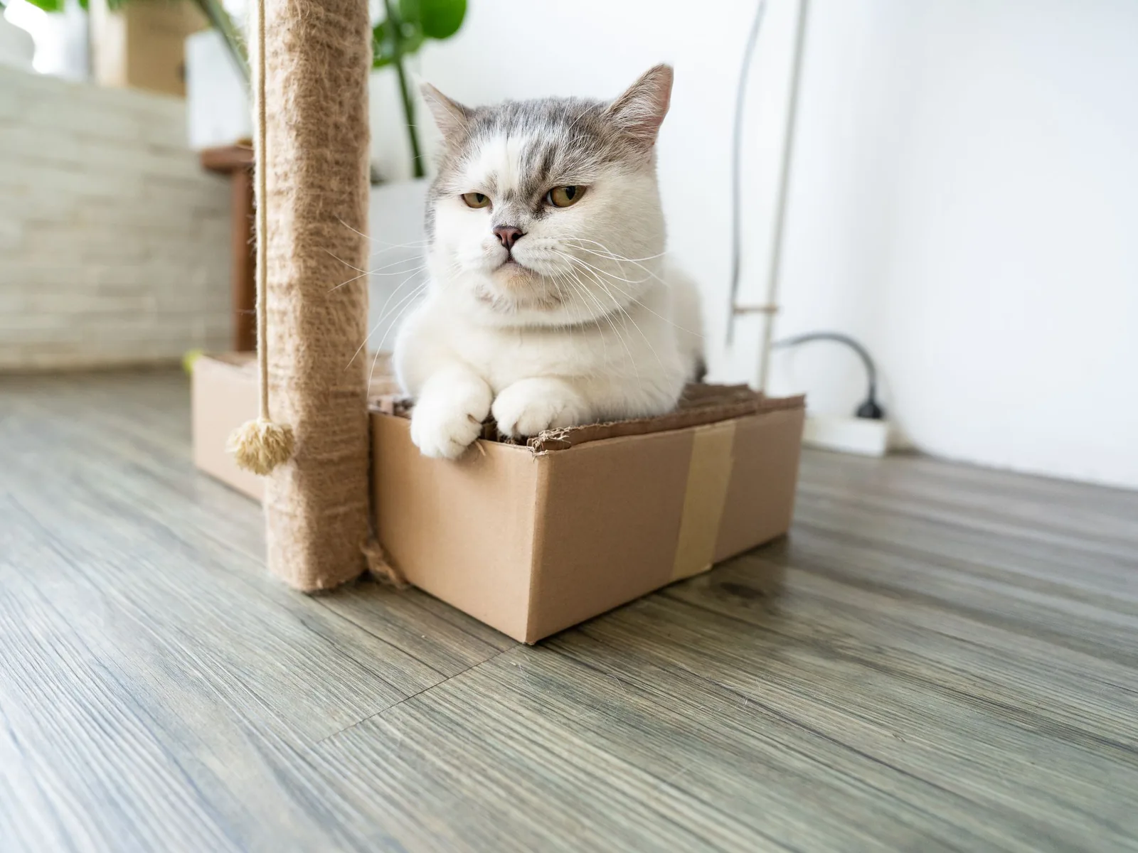 A grey and white cat sitting in a cardboard box
