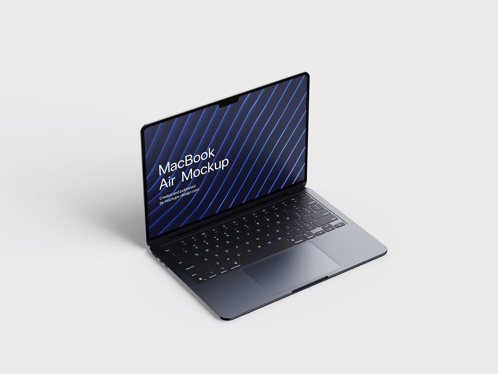 A sleek, open MacBook Air on a plain white background, displaying a screen with diagonal blue stripes and text reading "MacBook Air Mockup."