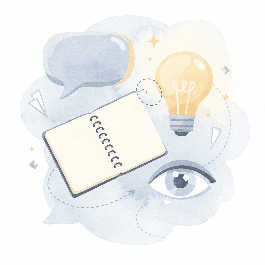Illustration of creative ideas and concepts scattered around a central creativity theme