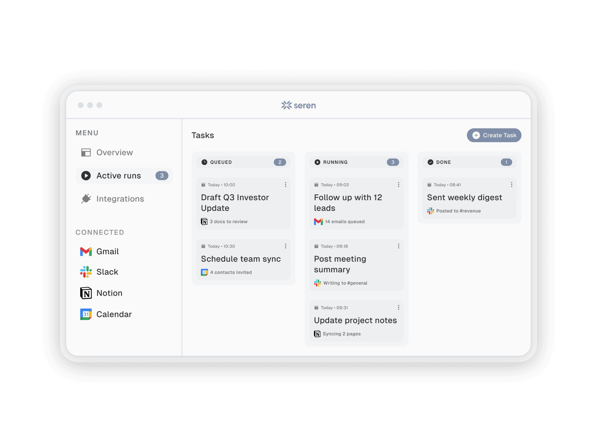 Seren dashboard highlighting daily time saved across automated tasks