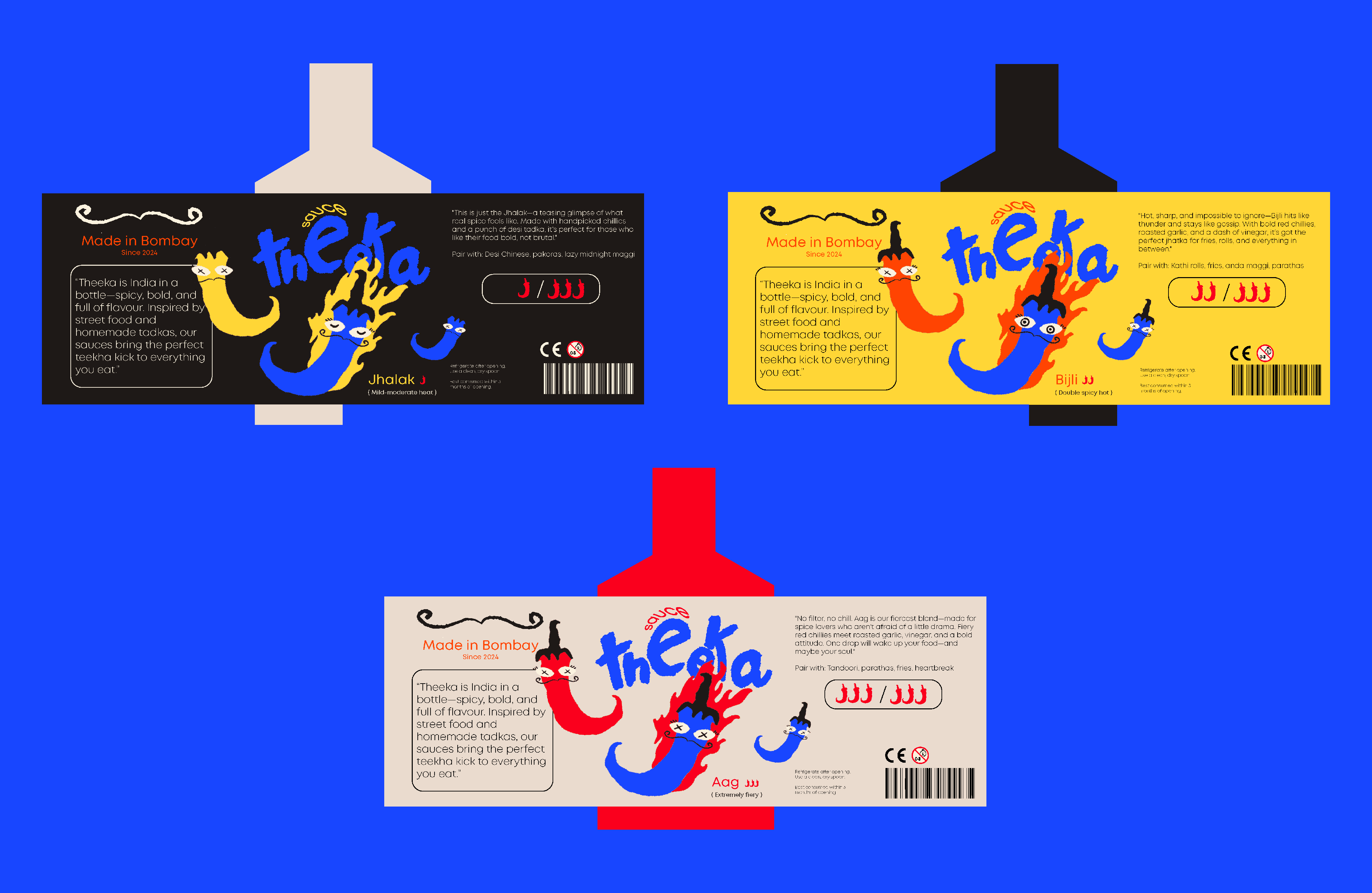 Creative label design for Theeka indian spicy sauce brand featuring three variants with playful chilli illustrations and modern Indian packaging style.