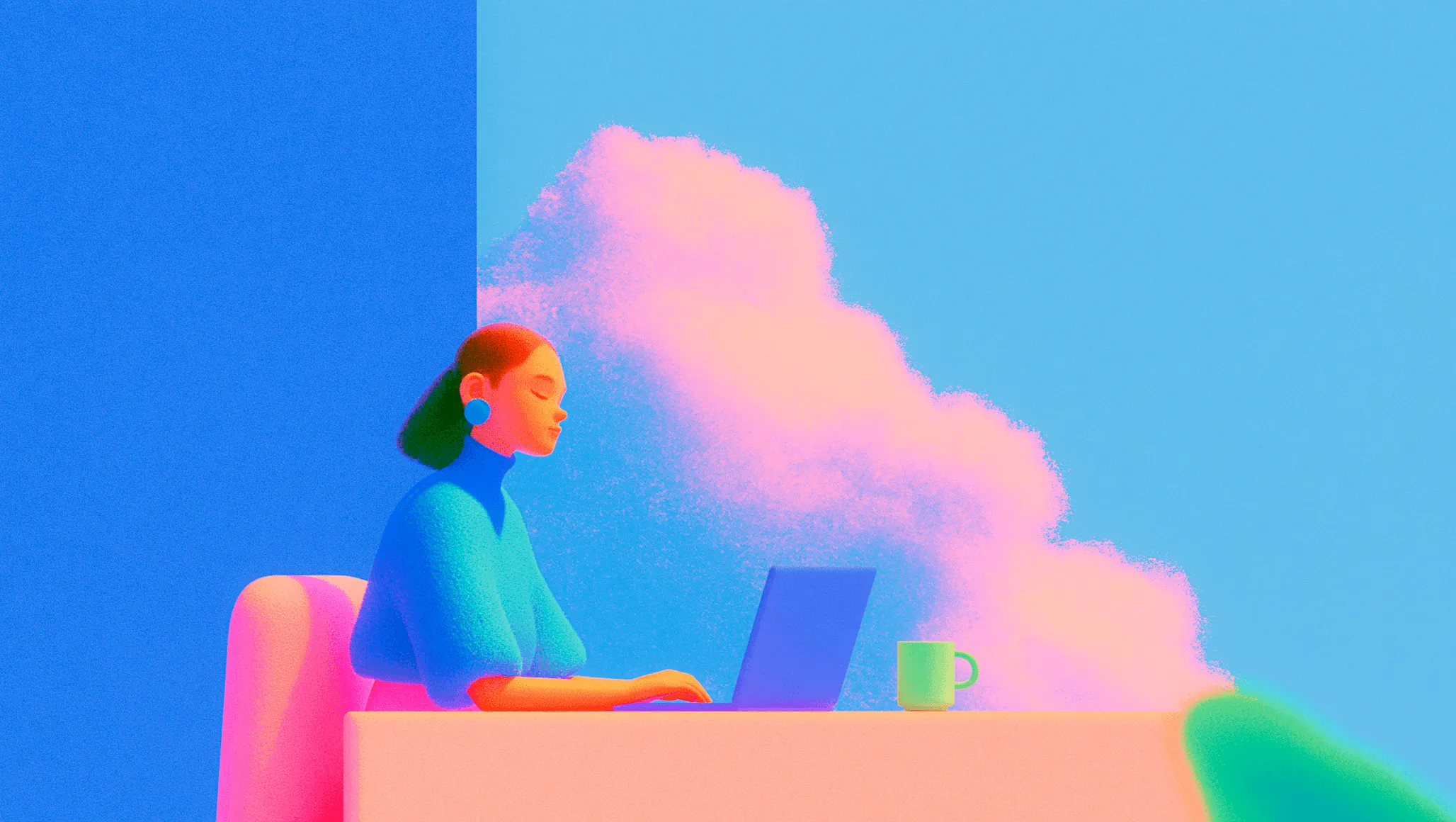 Illustrated woman working on a laptop