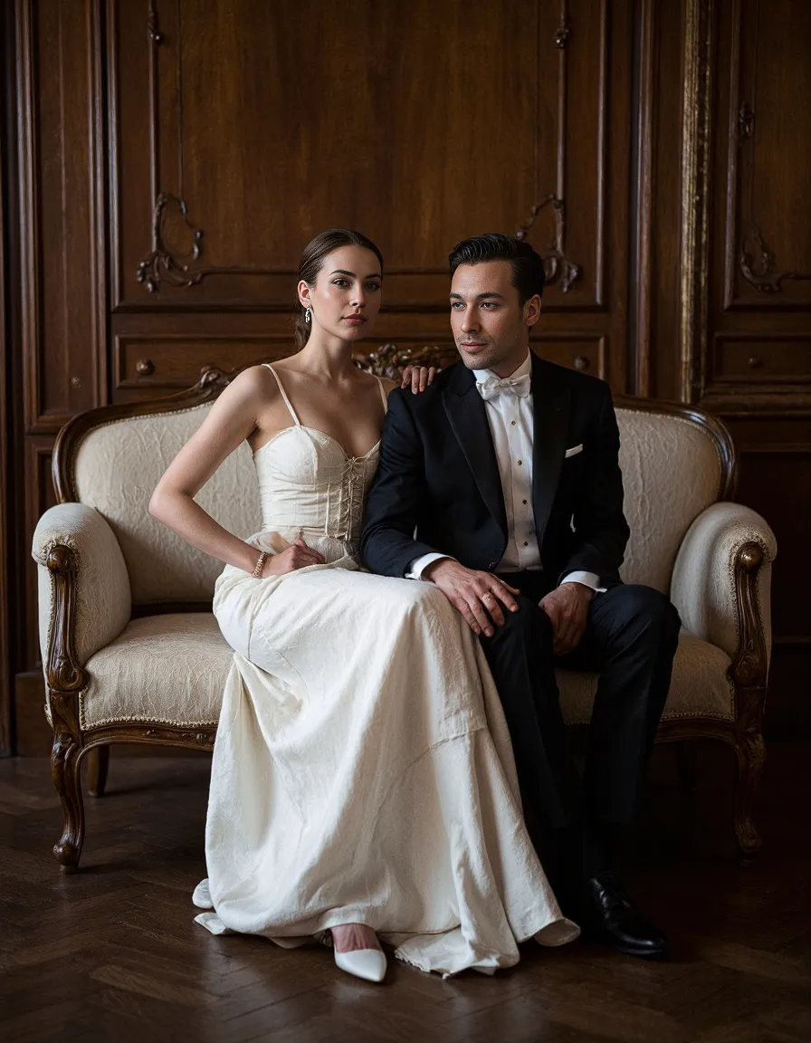 Couple in formal attire seated on vintage cream settee, wearing classic black tuxedo and elegant white gown against ornate wooden paneling