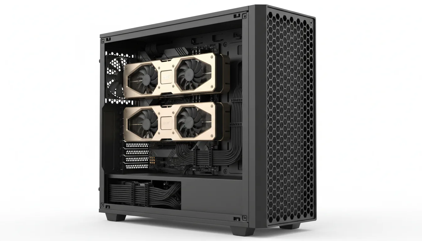 3D product render of a high-end professional workstation PC tower, low-angle three-quarter view, on a seamless white studio background. The computer has a matte black metal case with a large perforated honeycomb front grill. The side panel is removed, revealing the meticulously organized internal components, including two large, horizontally mounted professional GPUs with a distinctive matte champagne-gold shroud. Thick, sleeved black cables are neatly routed in the lower compartment. Soft studio lighting with clean, subtle reflections, hyper-realistic detail, sharp focus.