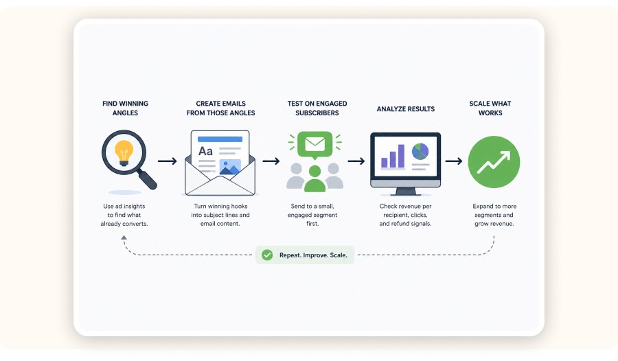 Simple illustration showing email workflow from ideas to testing and scaling