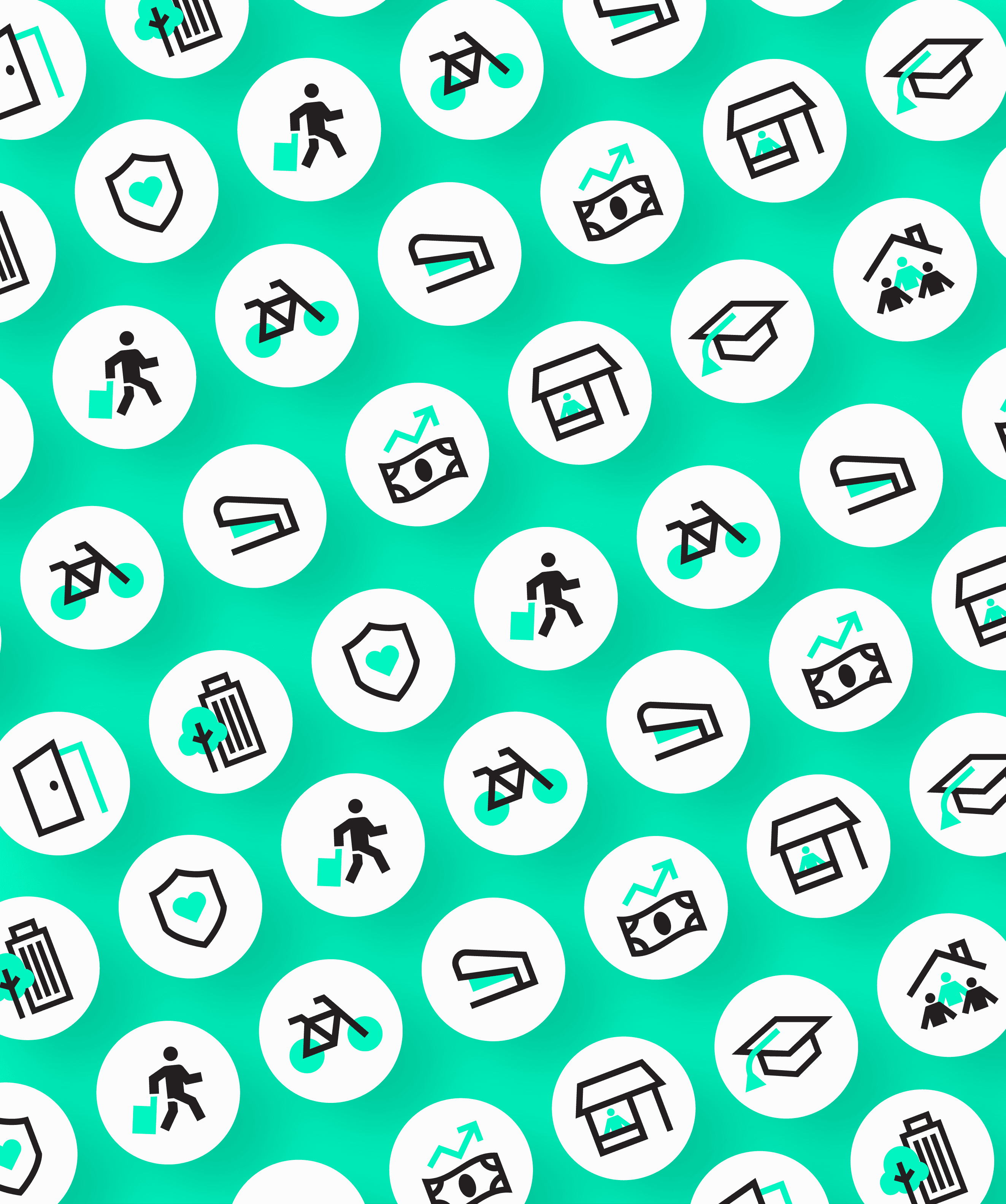 A tiled layout depicting multiple icons, depitcting things such as bikes, staplers, shops, houses, and people walking.