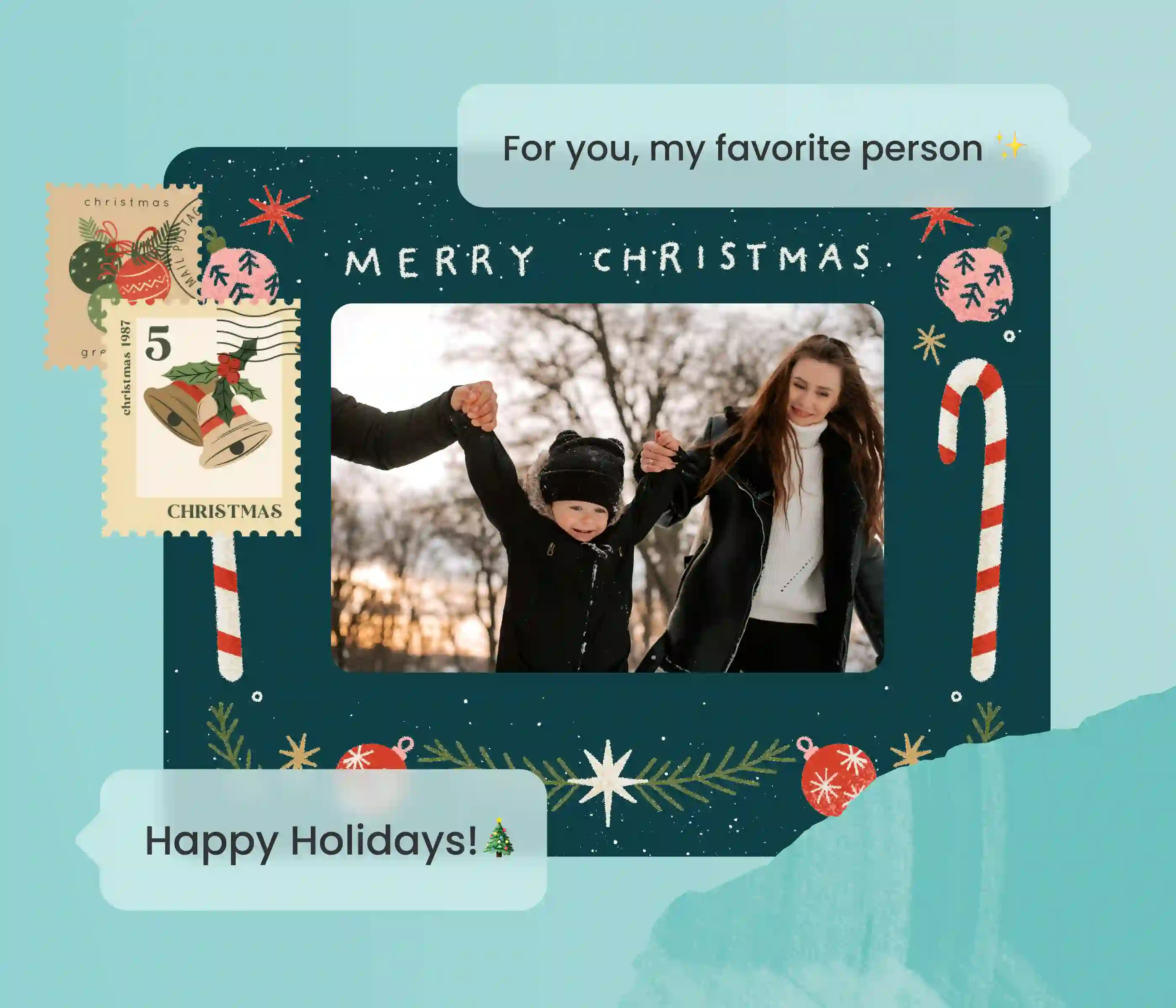 Holiday card with a winter family photo and 'Happy Holidays' greeting text bubbles