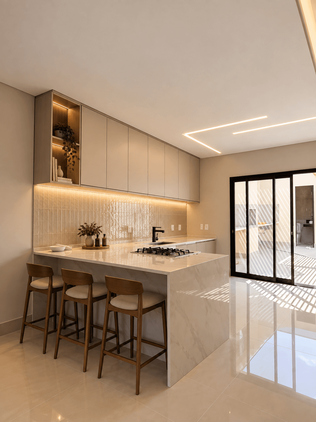 Cozinha com bancada em península de acabamento claro marmorizado, cooktop a gás, três banquetas de madeira e porta de correr de vidro.