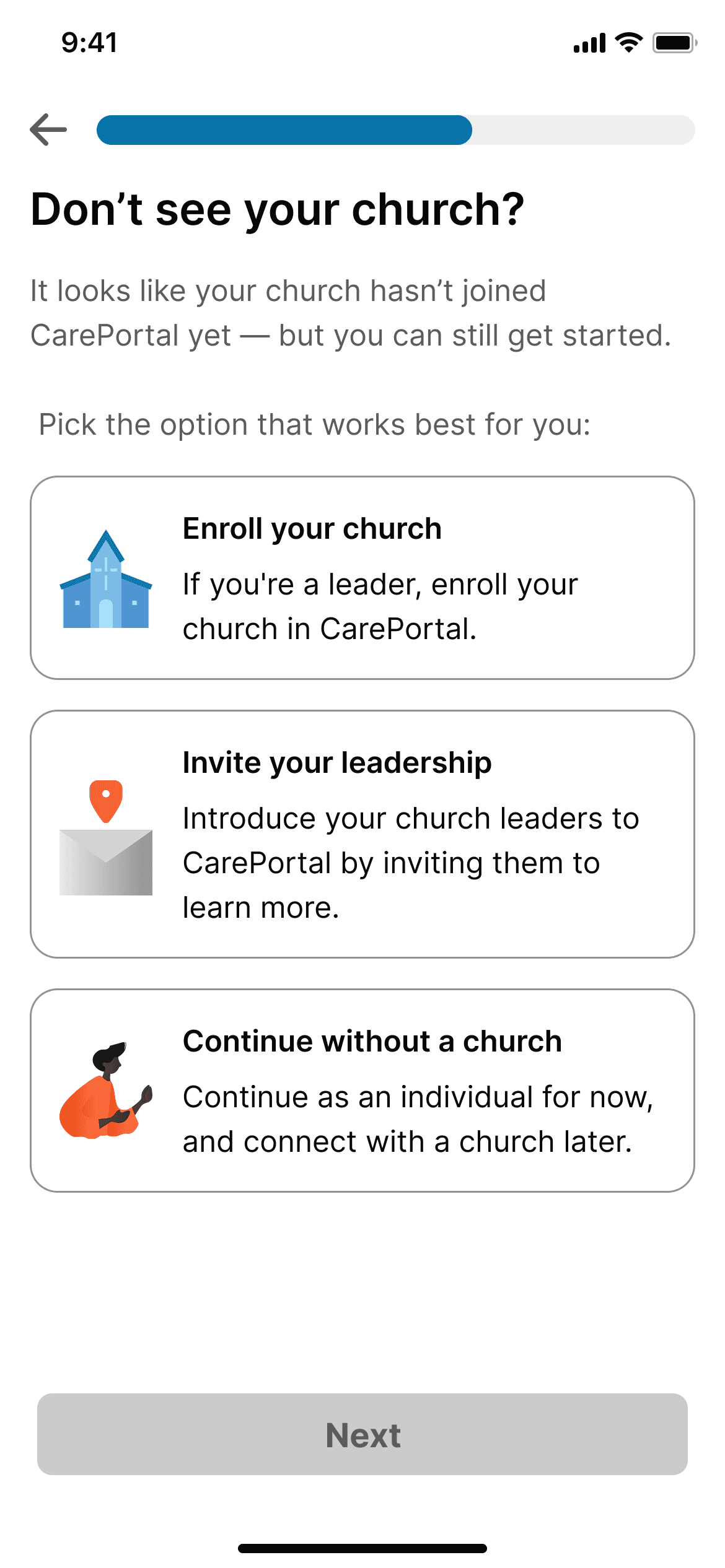 Alt text: CarePortal onboarding screen showing three affiliation options