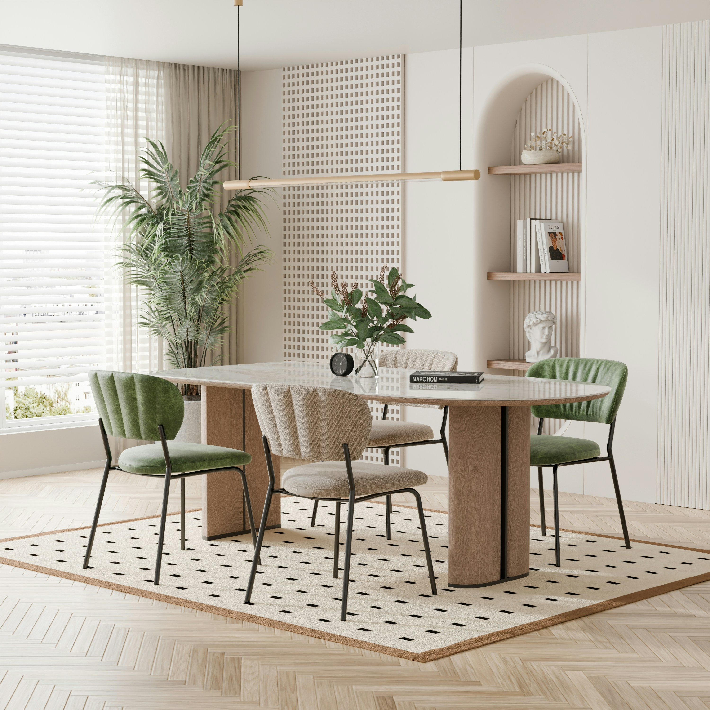 Stylish dining room with oval table, green chairs, and plant.