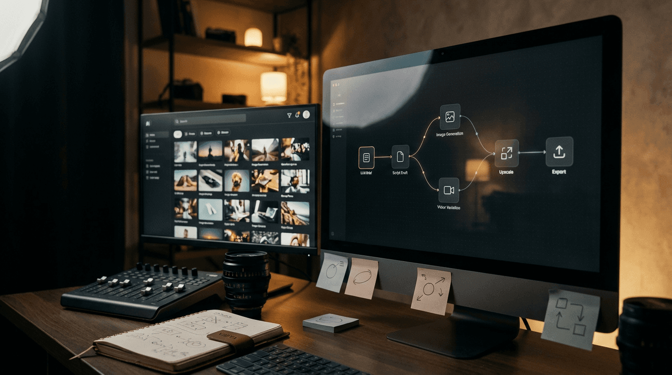 AI video production workflow displayed across two studio monitors