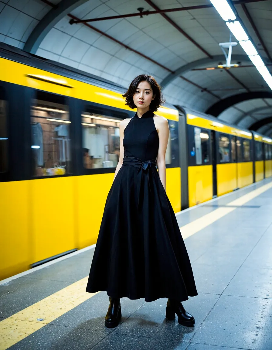 Elegant black maxi dress styled with boots, photographed against bright yellow subway train, creating dramatic contrast in urban setting