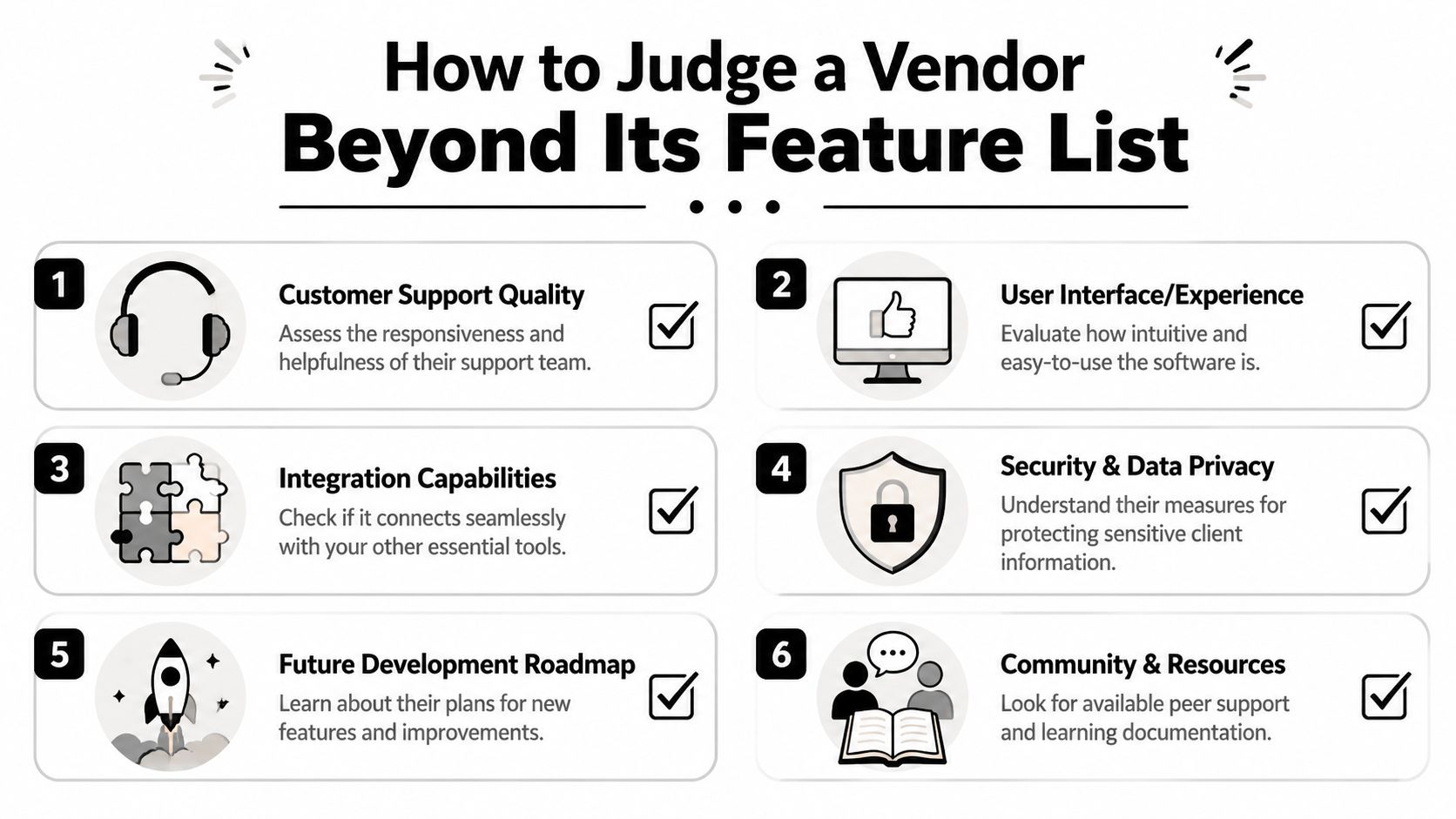 A visual guide illustrating six key factors for evaluating software vendors beyond their feature lists.