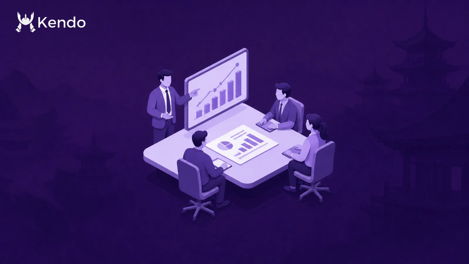 Isometric B2B sales presentation to a buying committee on a purple Kendo background