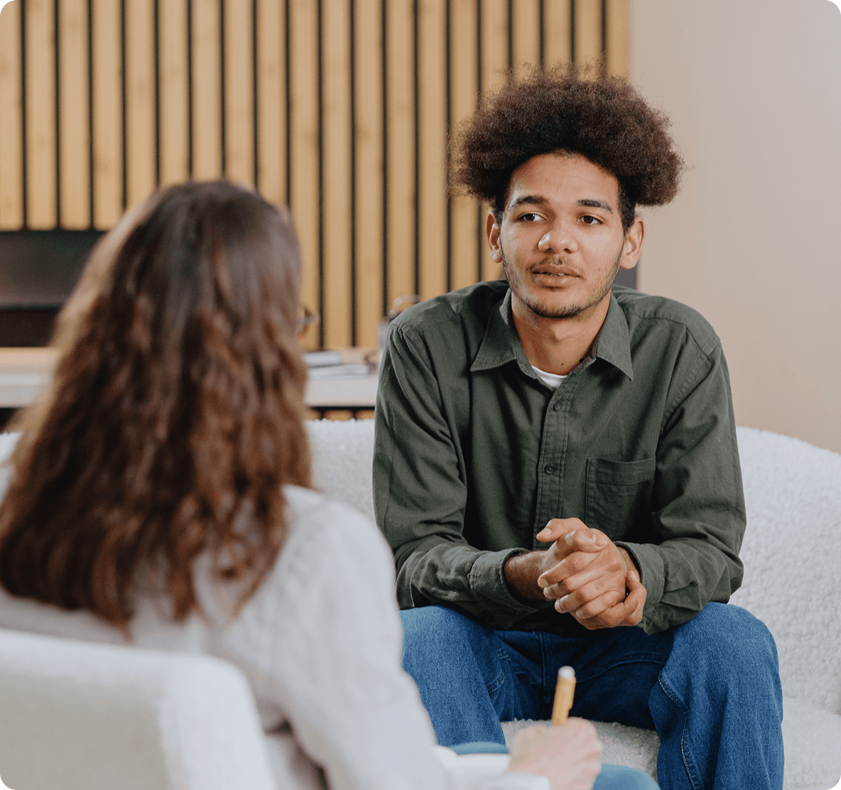 young man in consultation with psychologist is taking care of mental health.