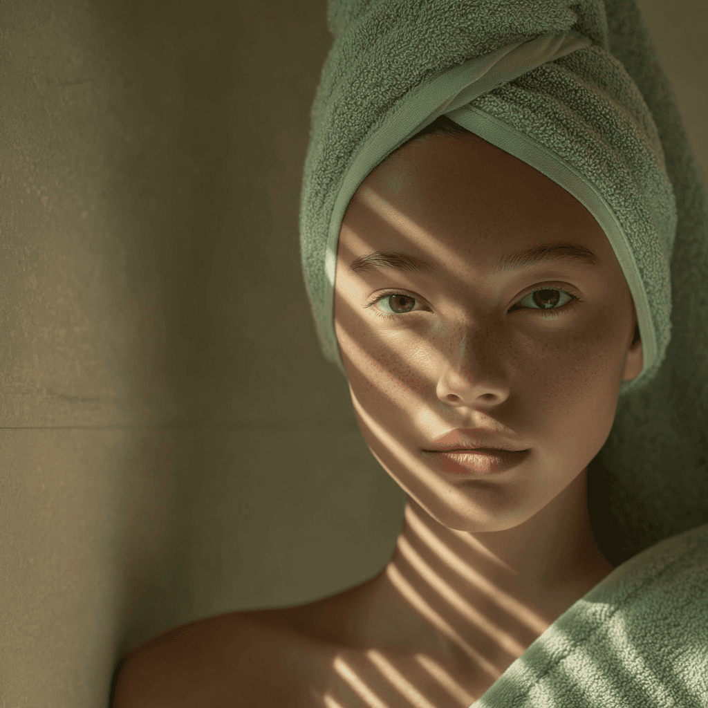 A woman with a white headband relaxing, her face illuminated by warm sunlight filtering through blinds, casting striped shadows. She has a serene and peaceful expression.