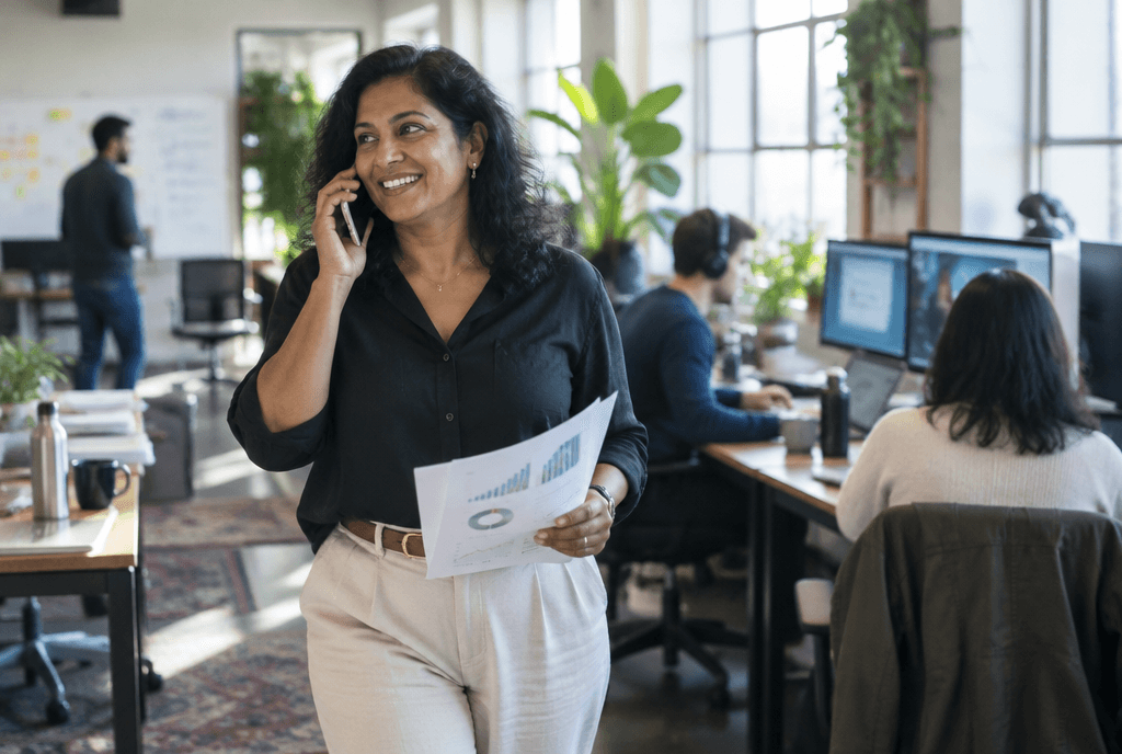 Growth marketer walking through the office on a call holding a printed results report