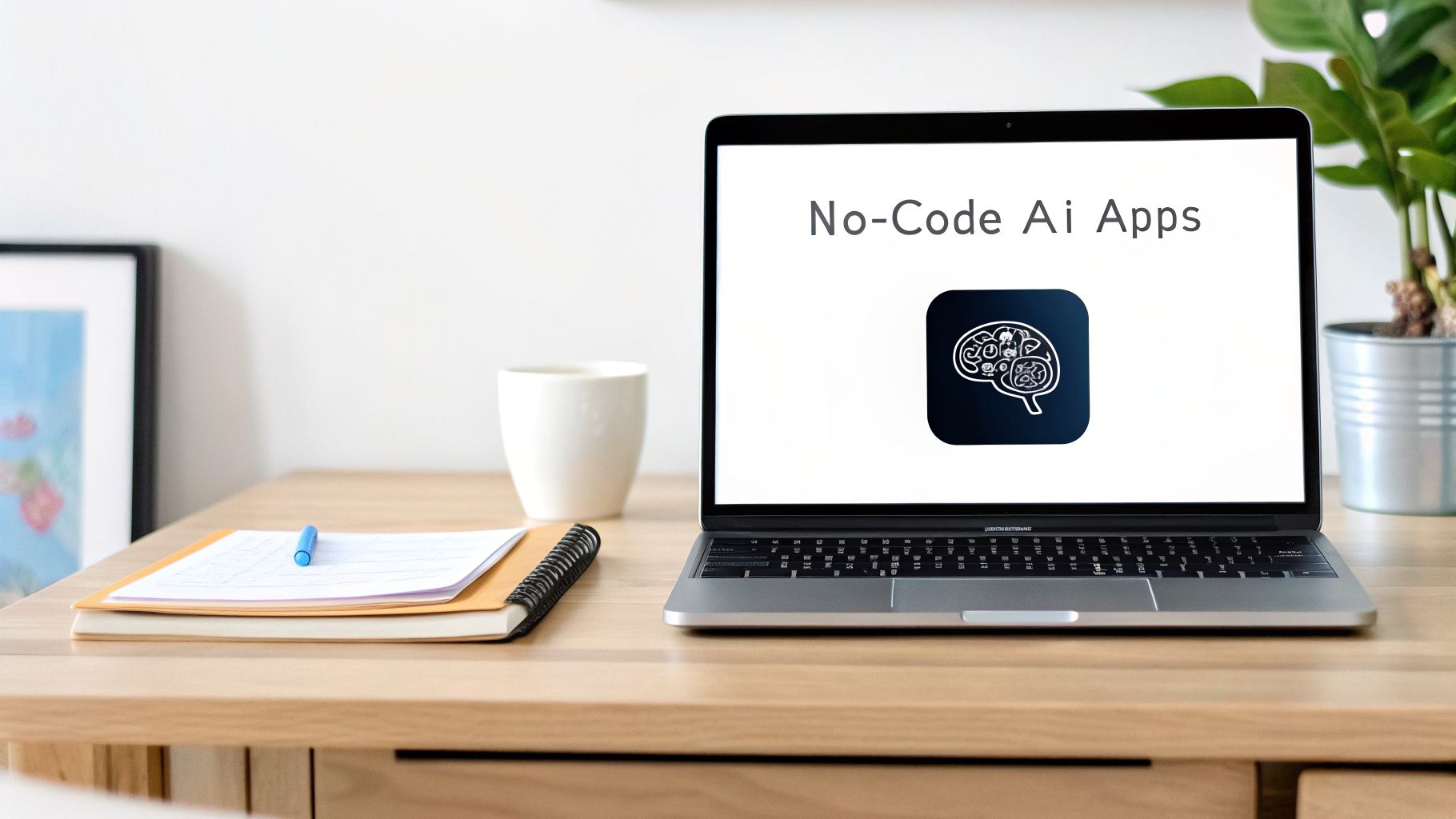A laptop on a wooden desk displays 'No-Code Ai Apps' and a brain icon, alongside a mug and notebook.