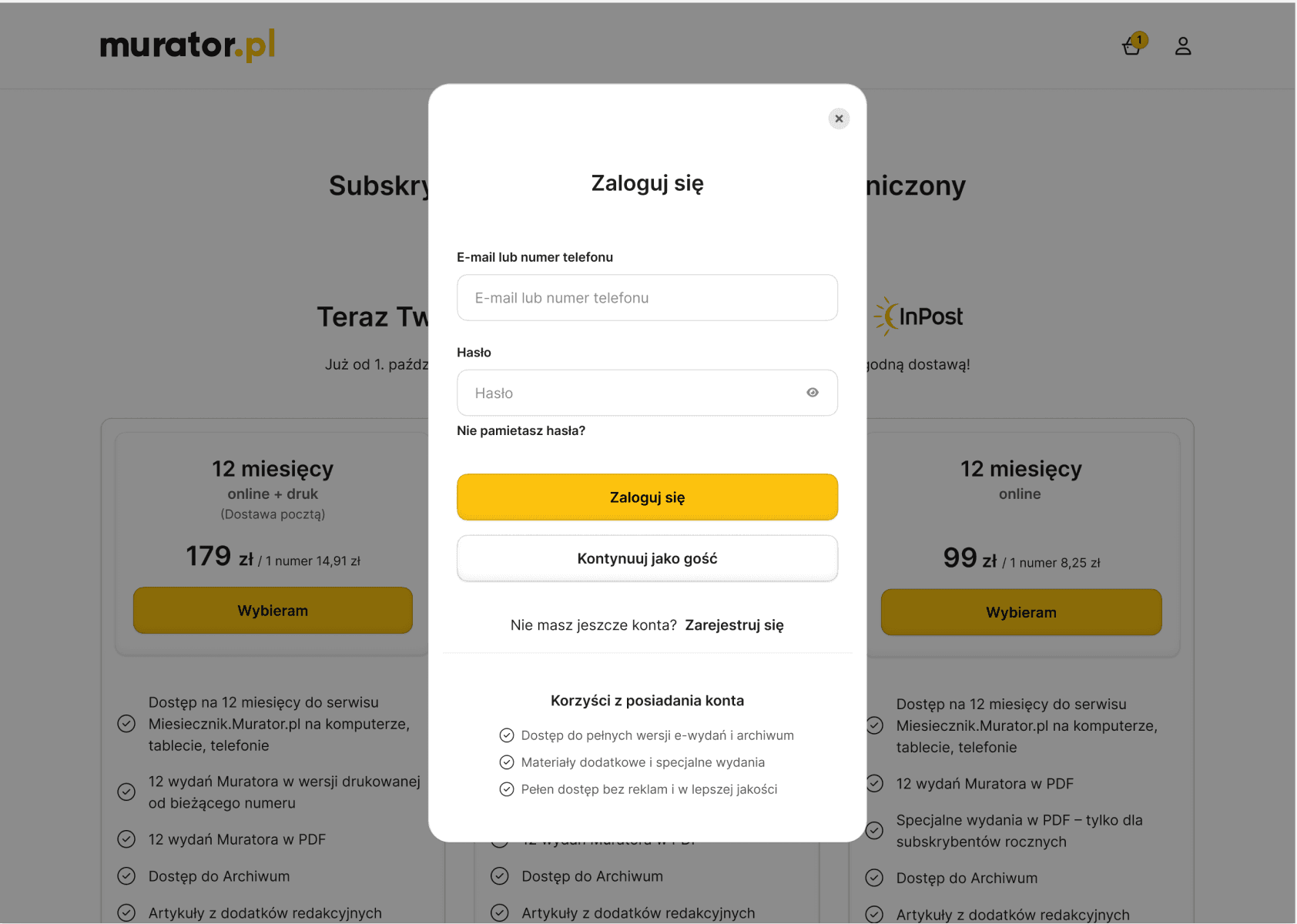 Desktop Log in modal for Murator.pl, featuring email and password input fields with a "Continue as Guest" option and a list of account benefits.