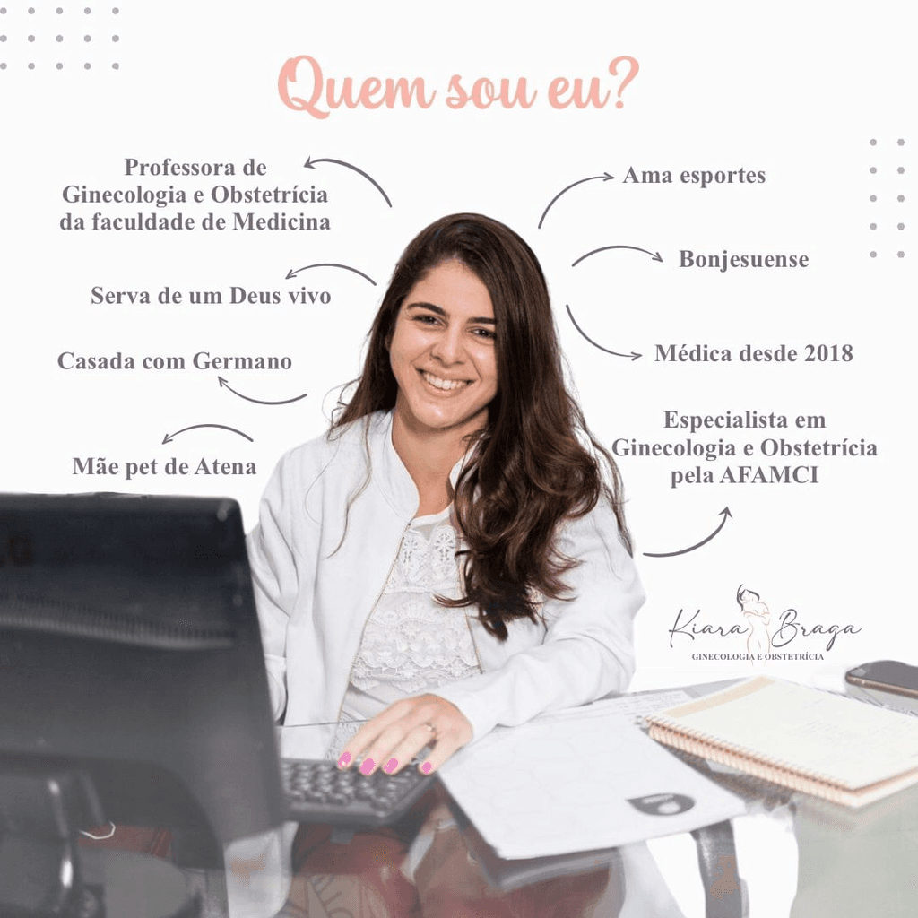 Dra. Kiara Braga, ginecologista e obstetra em Campos, RJ, em seu consultório. Especialista em saúde da mulher, oferecendo cuidados em ginecologia e obstetrícia, com foco em acompanhamento de gestantes e prevenção de doenças femininas. Atendimento personalizado com experiência e dedicação à saúde integral da mulher.