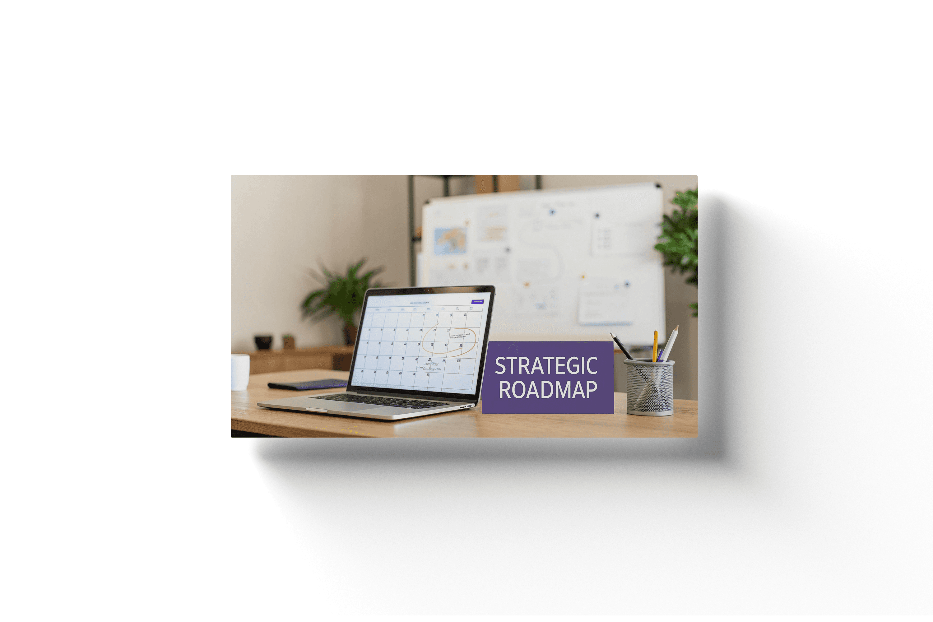 a laptop on a desk showing a calendar with a purple block to the right of it with the text 'strategic roadmap'