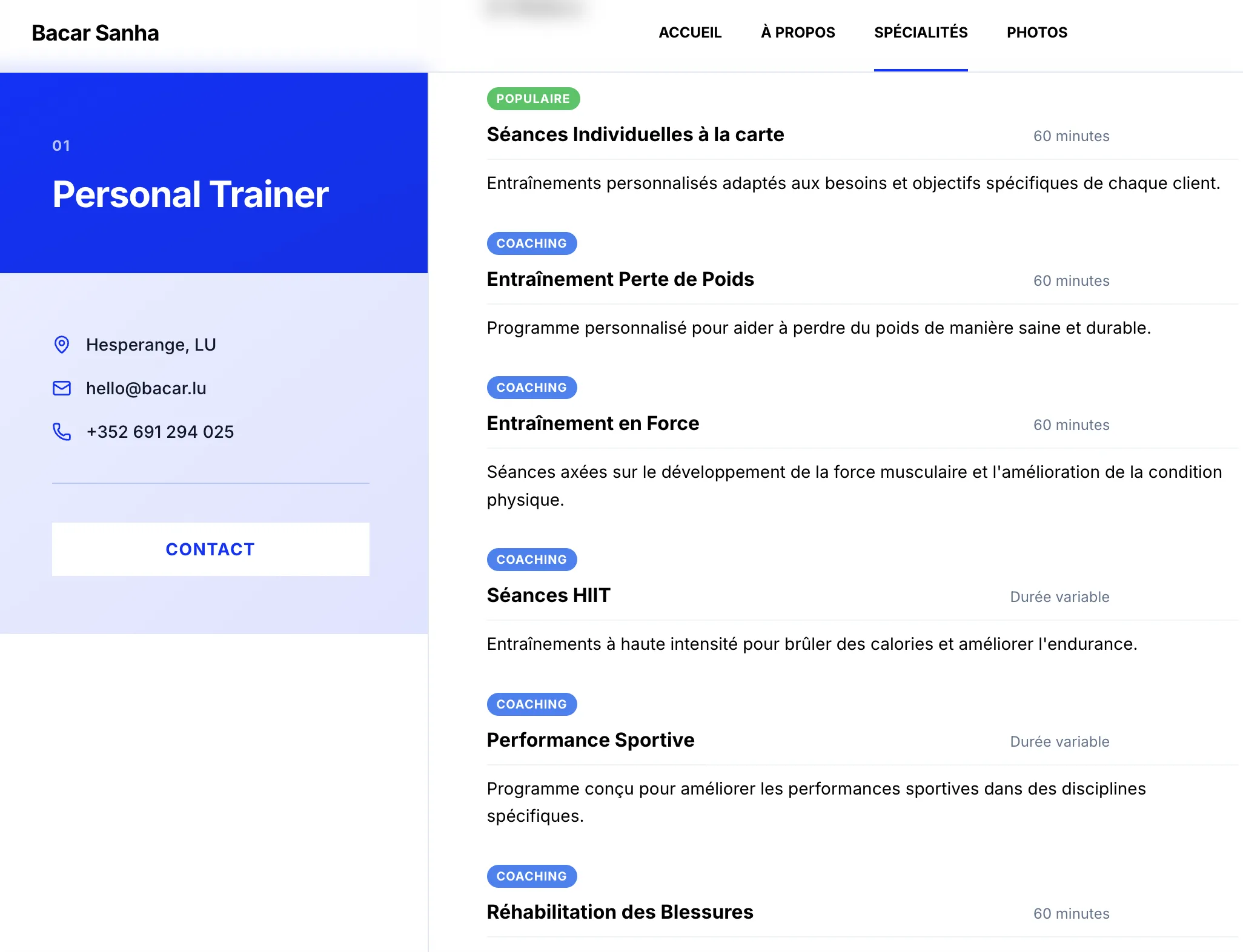 Personal trainer website showing detailed coaching services with prices and durations