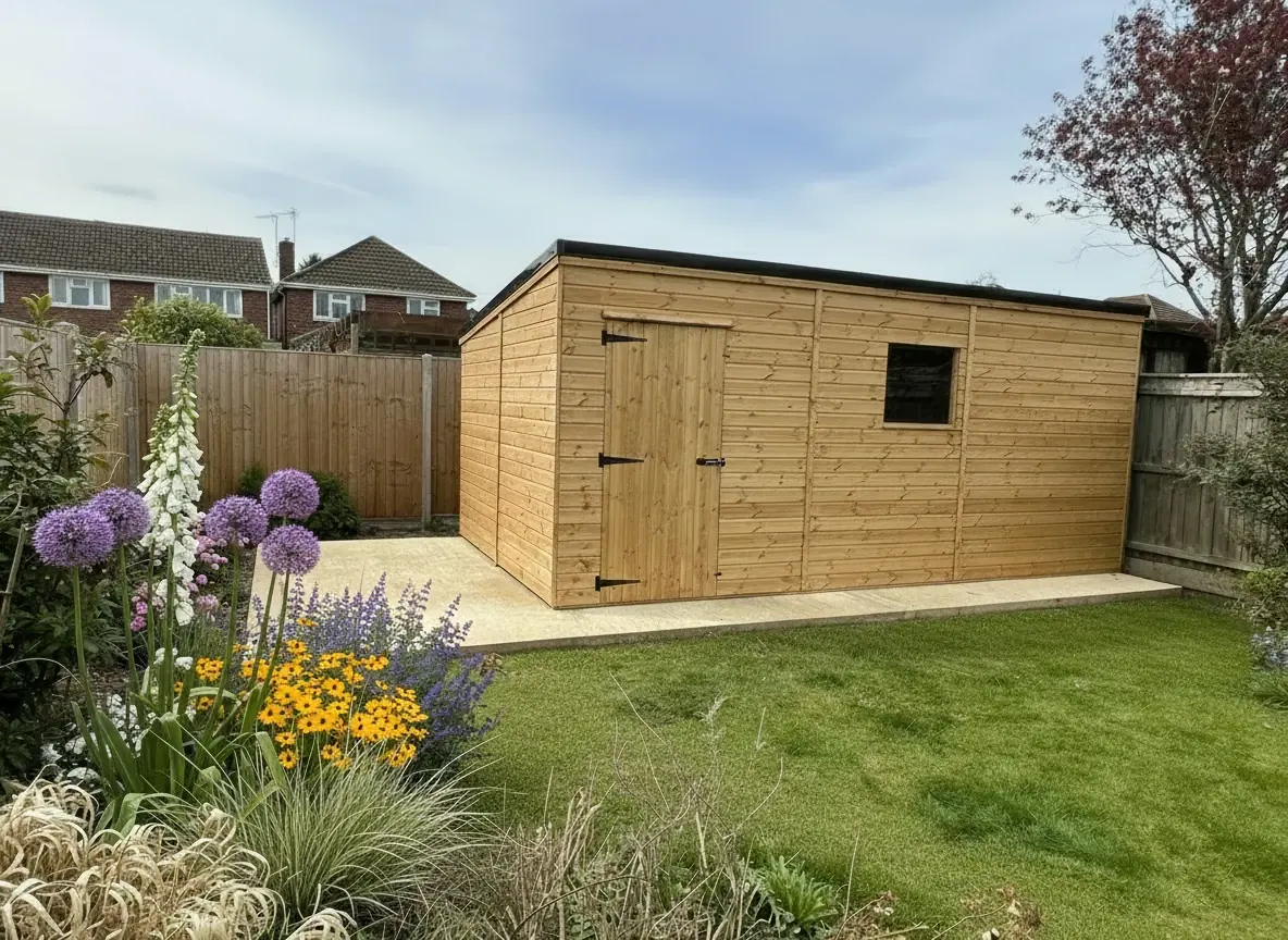 Long pent shed with window on a concrete base