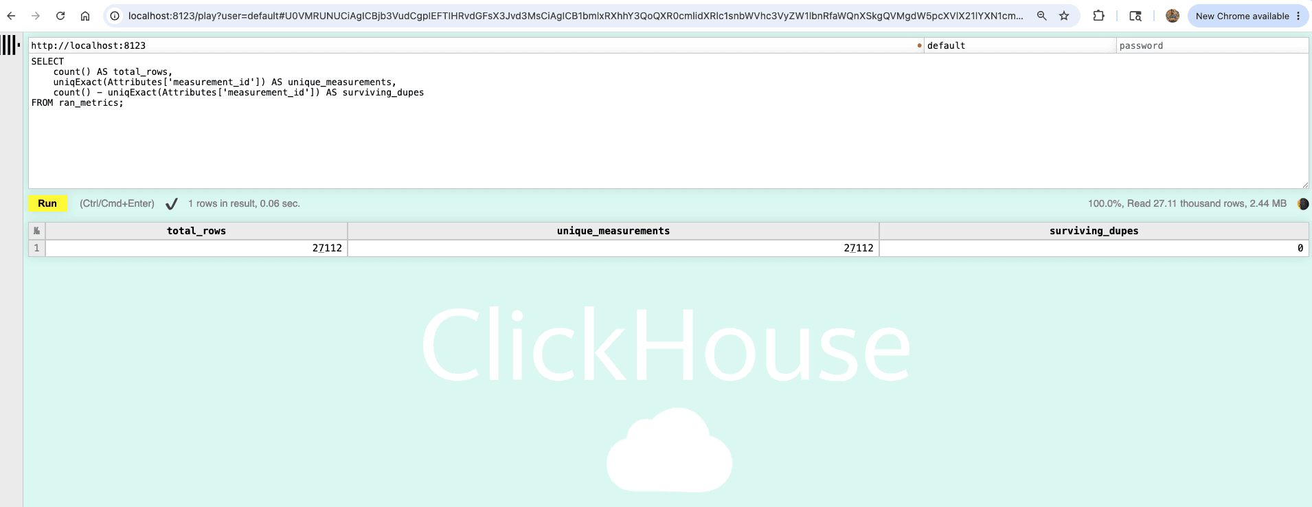 ClickHouse Web SQL UI showing RAN metrics query results at localhost:8123
