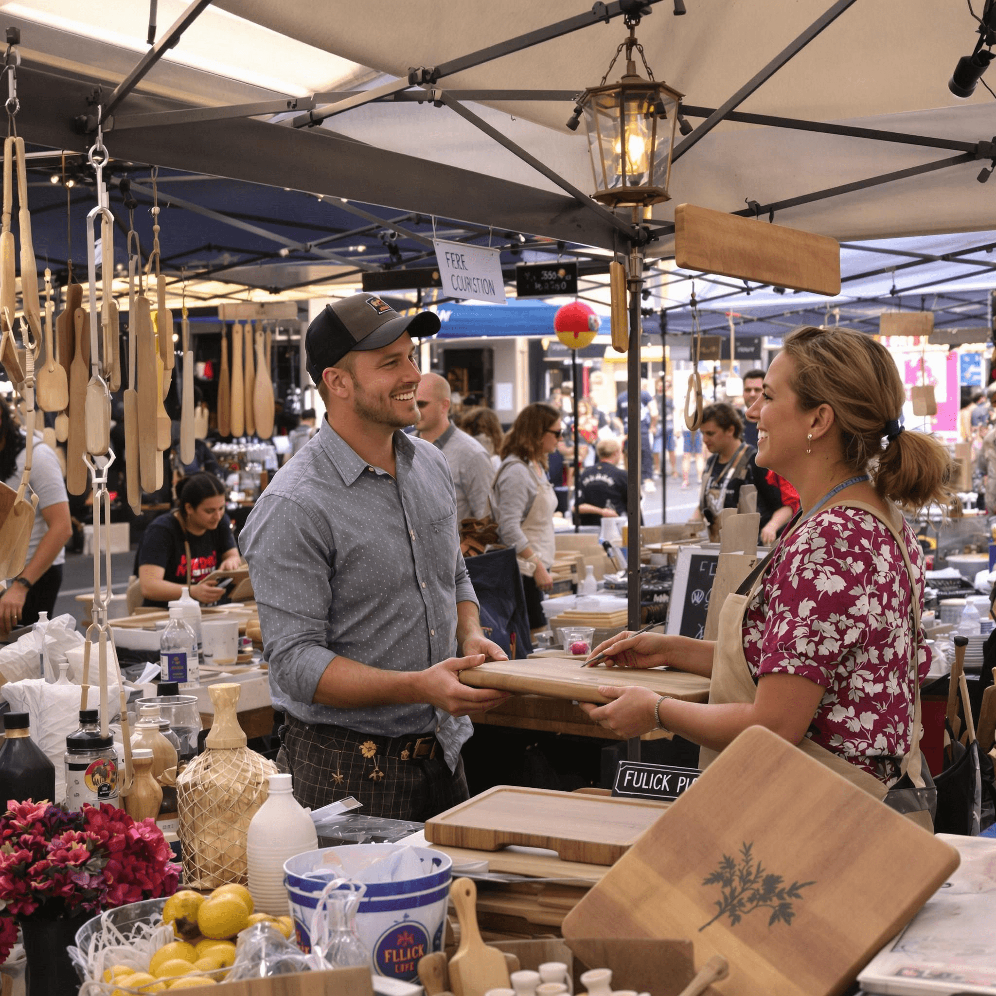 Two people interacting at a market, representing the importance of social learning