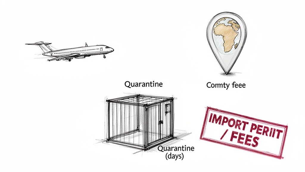 An airplane, a map pin, a quarantine cage, and an import fees stamp illustrate international shipping costs.