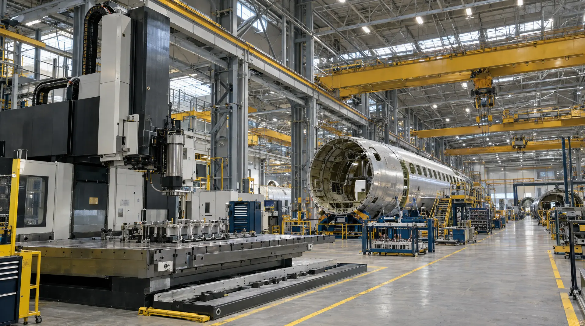Defense tech marketing view of an aircraft engine section in a bright industrial assembly hall with overhead cranes and yellow safety lines.