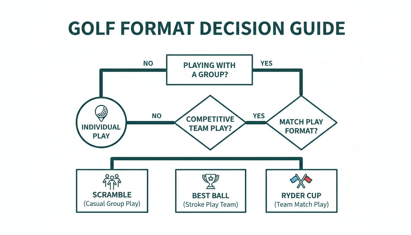 Flowchart guiding golf format selection based on playing with a group, team competition, and match play.