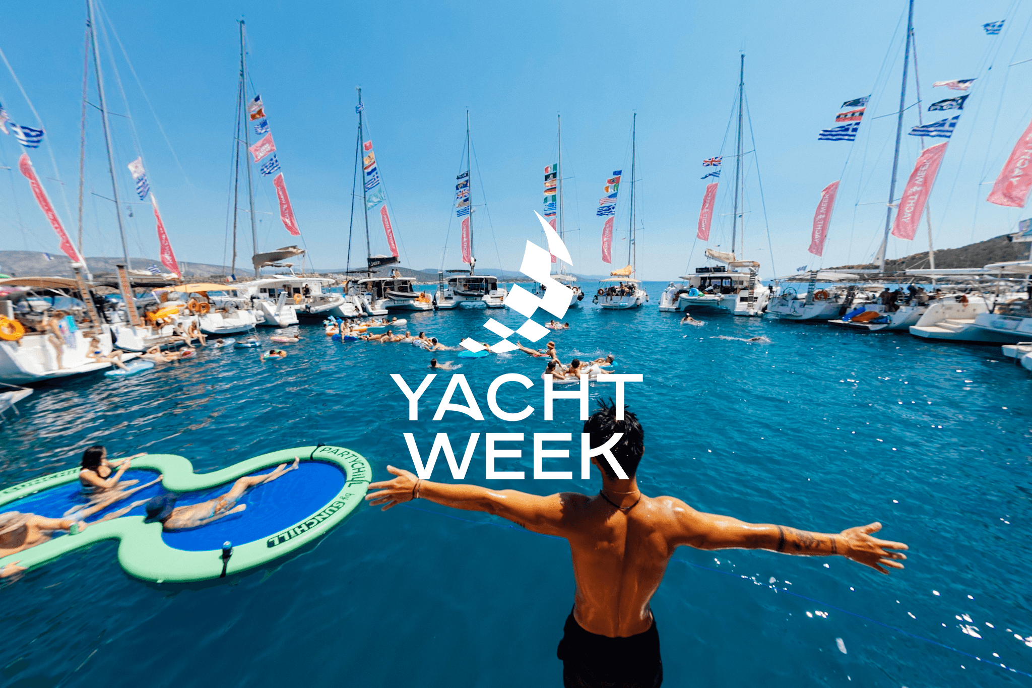 The Yacht Week 2025 a packed yacht catamaran with a party