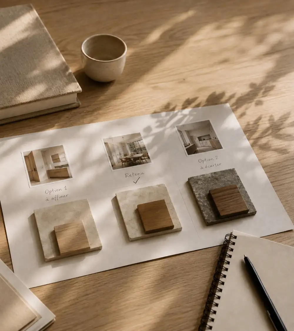 Présentation des options de matériaux pour un projet de rénovation intérieure, planche comparant trois associations pierre naturelle et bois de chêne