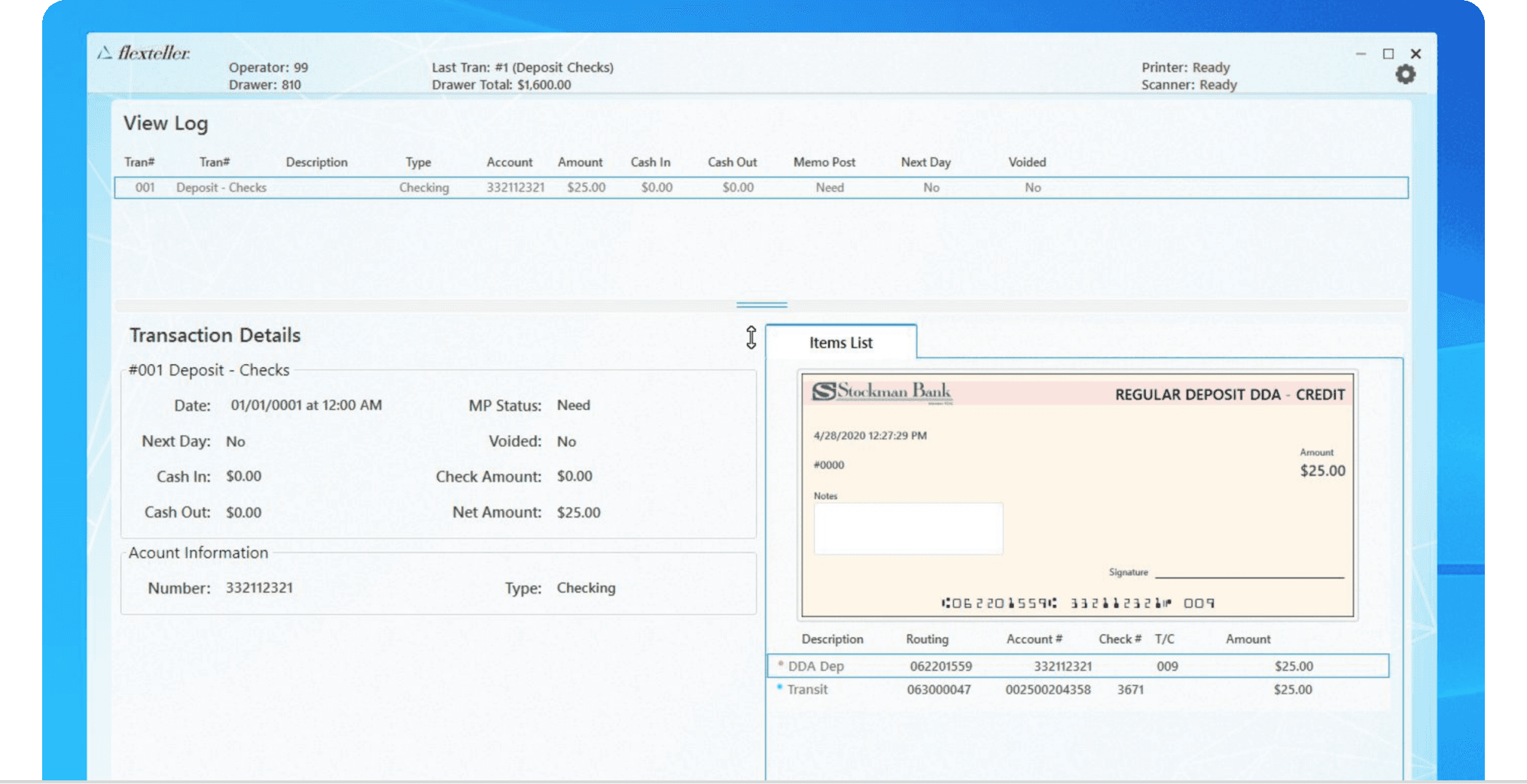 Previous UI design of a bank teller app's log screen.