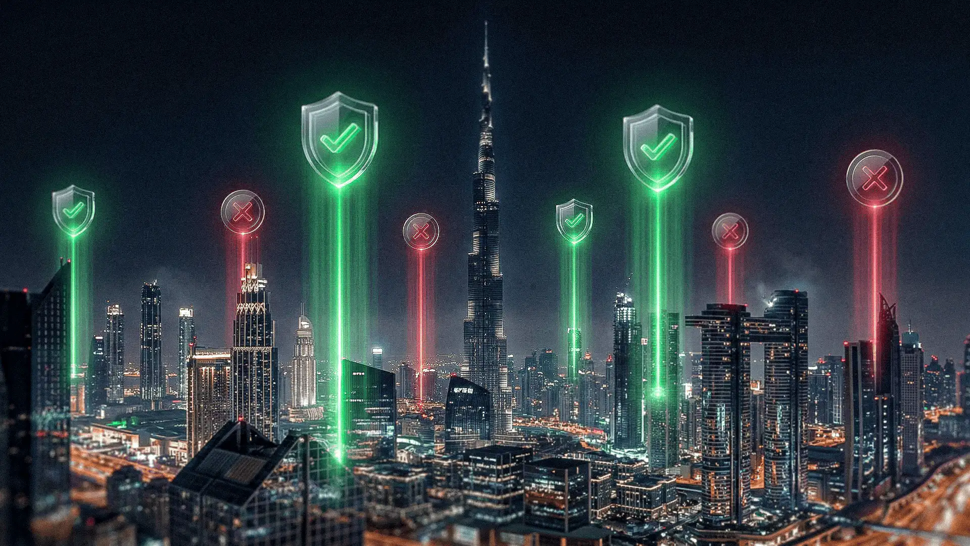 Skyline de Dubái mostrando zonas seguras y riesgos en inversión inmobiliaria.
