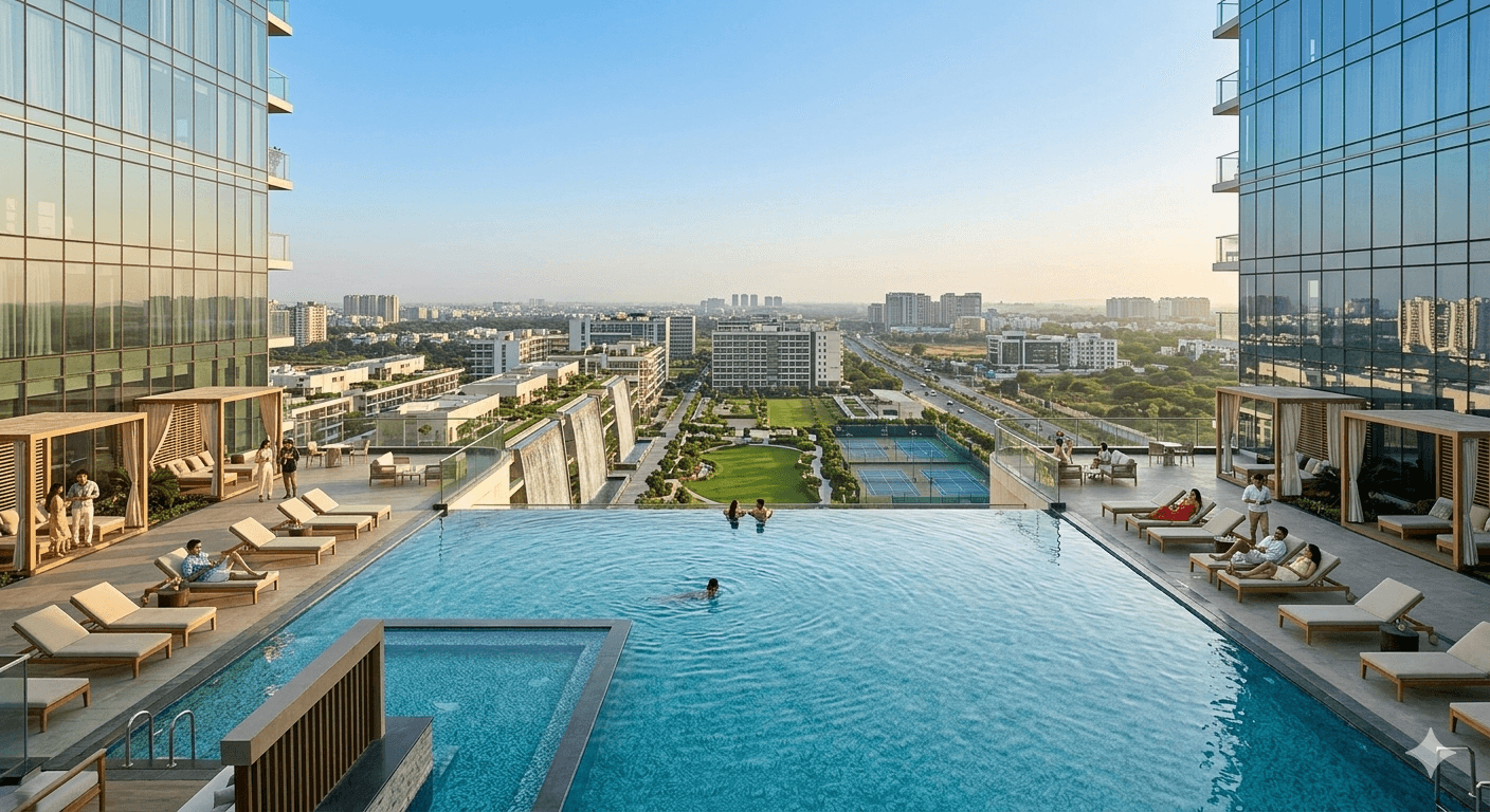 Luxury infinity pool and sky clubhouse at high-rise residential project in Sector 62, Gurugram