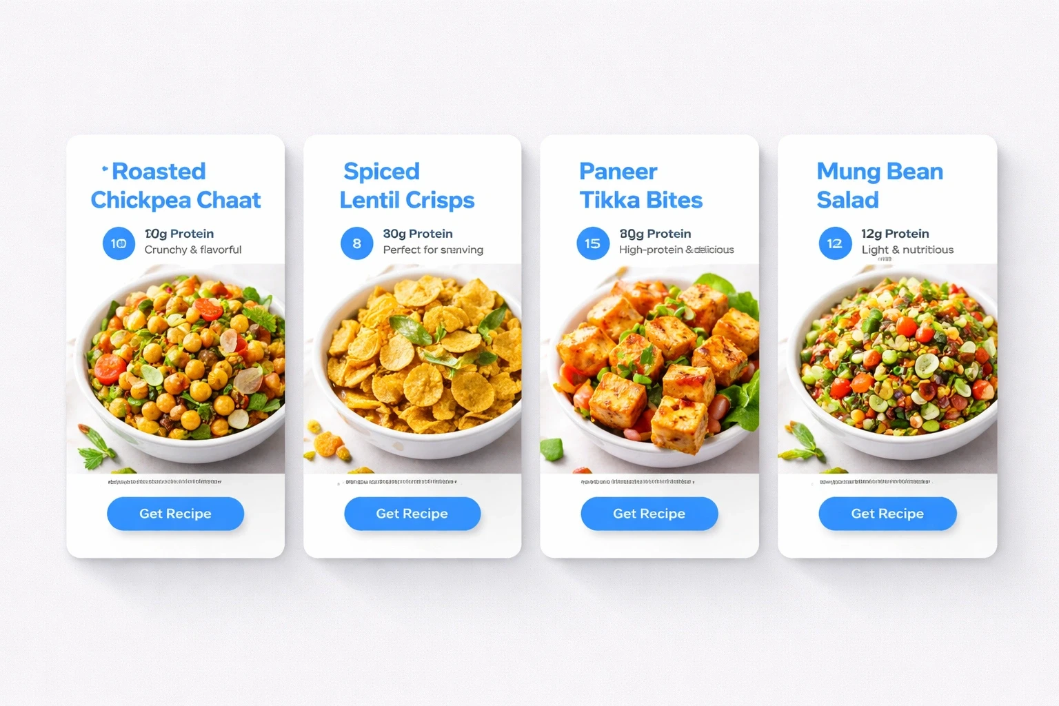 Modern card layout showcasing protein-rich Indian snacks with site background #efefef and accent #3b82f6