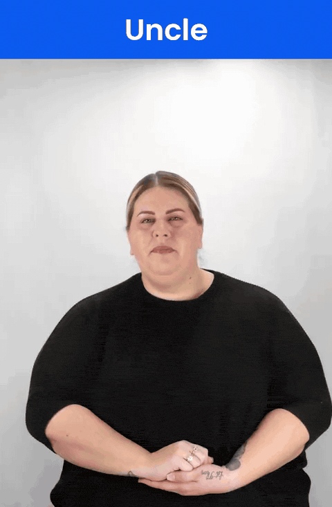 Animated GIF: a Deaf signer signs UNCLE in ASL, a U hand twisting beside the temple.