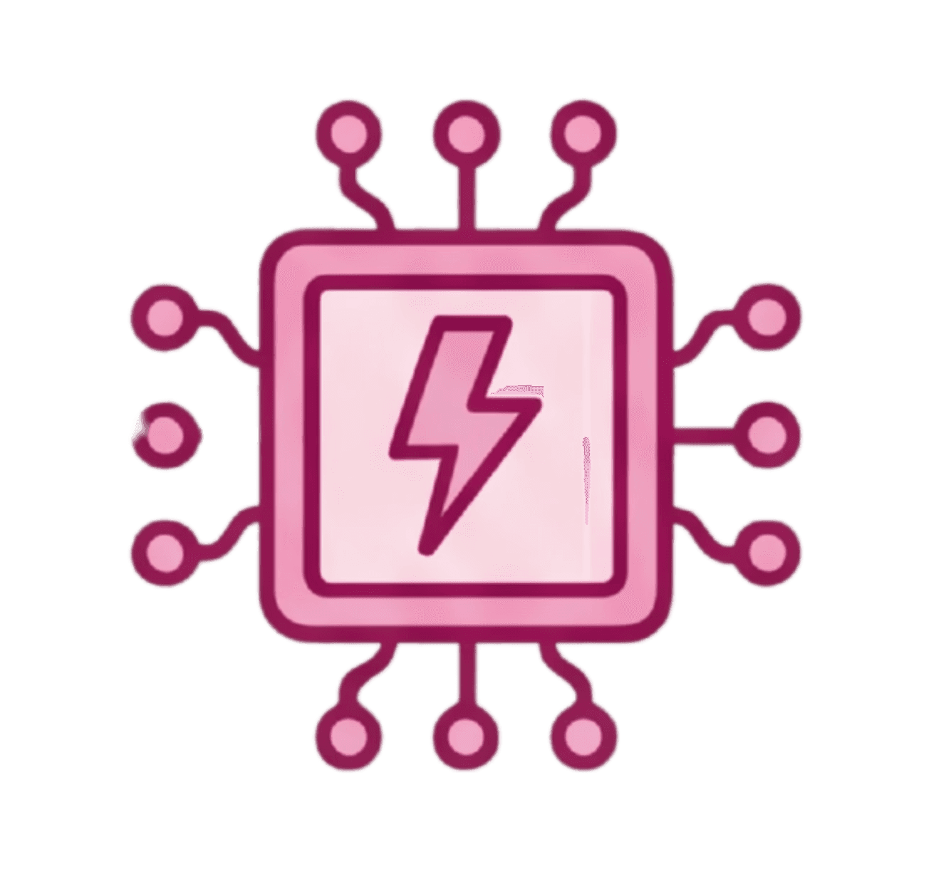 Pink icon of a CPU chip with a lightning bolt in the center and circuit nodes.