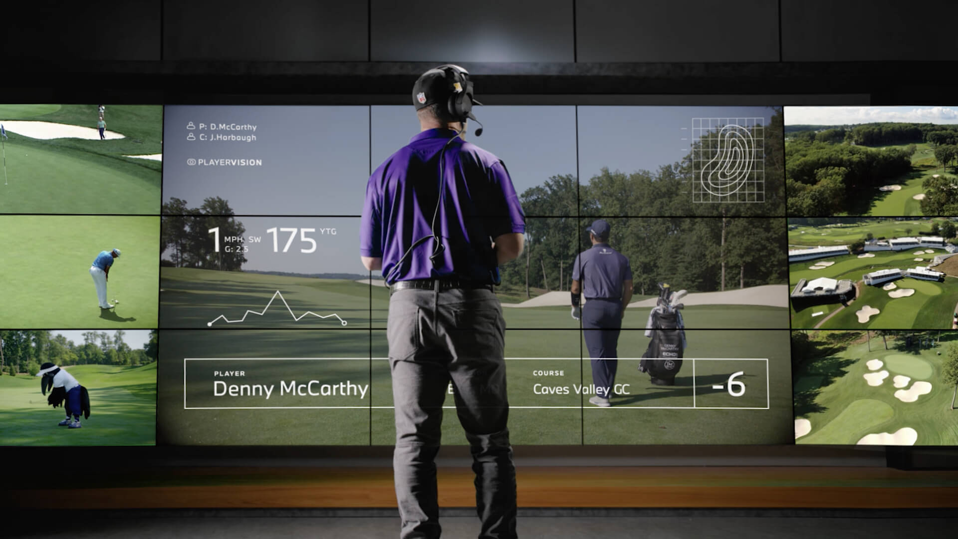 A man with a headset stands in front of large screens displaying golf statistics, player info, and course graphics during a golf broadcast or analysis.