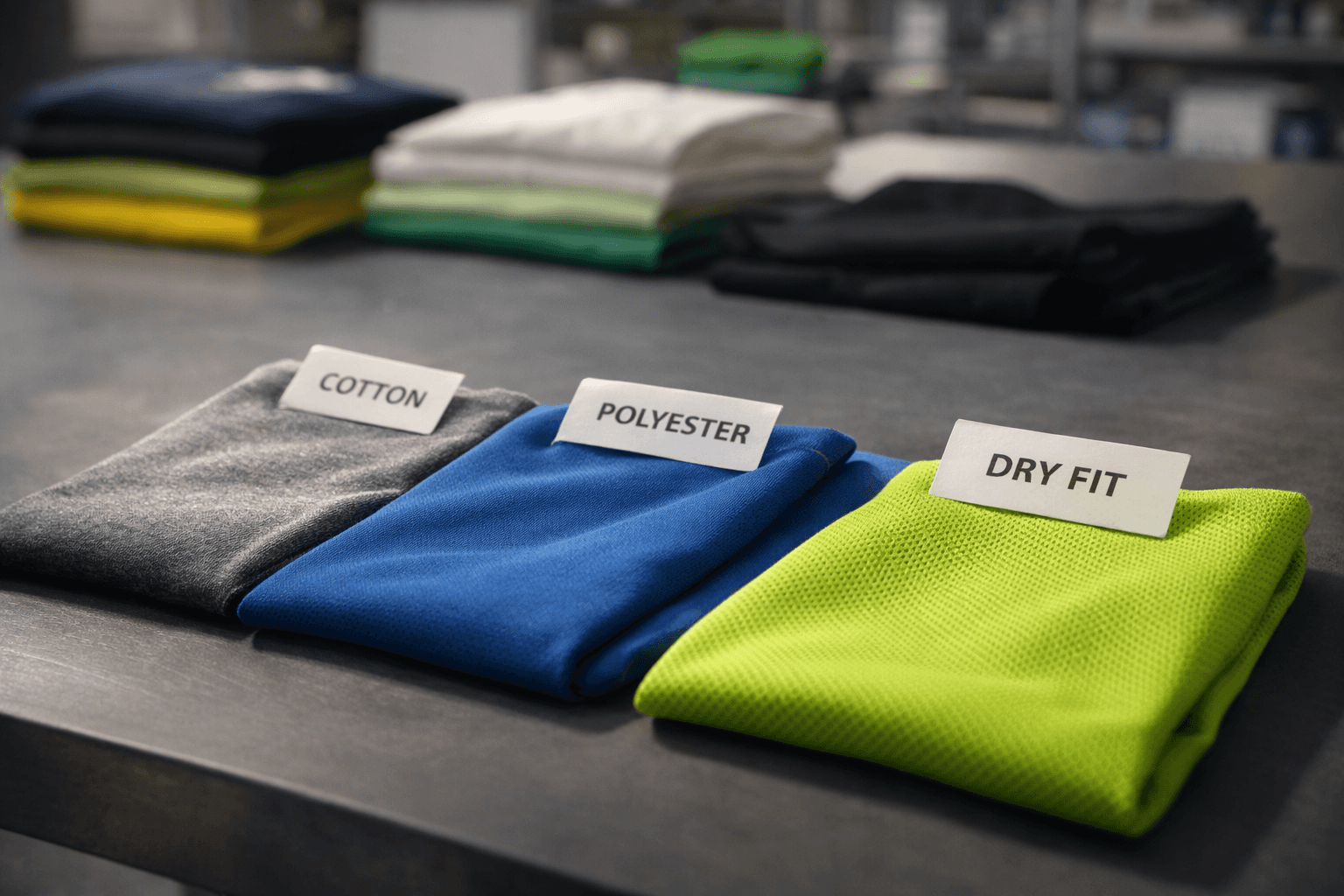 Amostras de tecidos de camisetas como algodão, poliéster e dry fit usadas em camisetas personalizadas