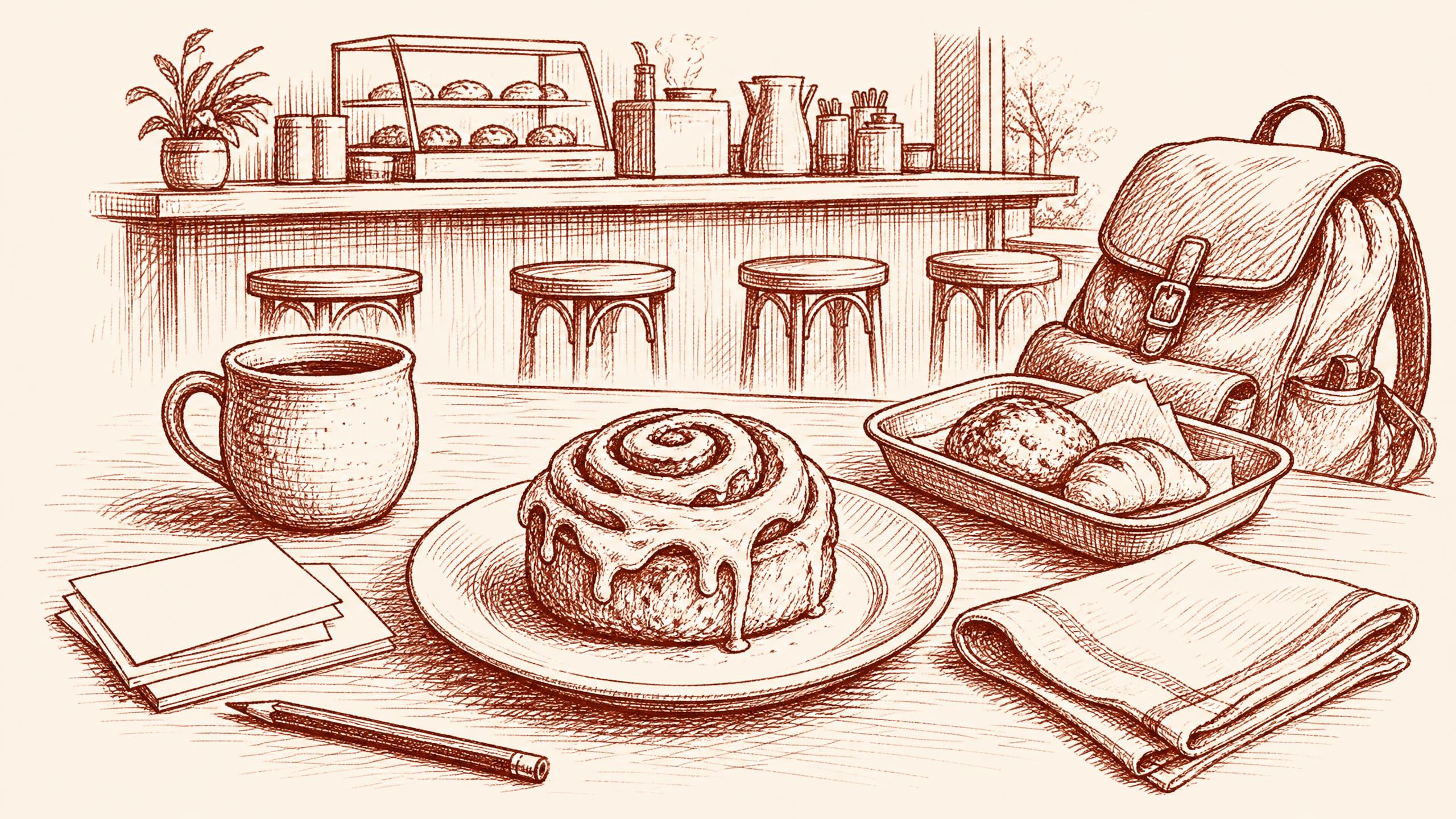 A single cinnamon roll on a simple plate as the focal object of a study break, surrounded by blank note, best cafes in tampa
