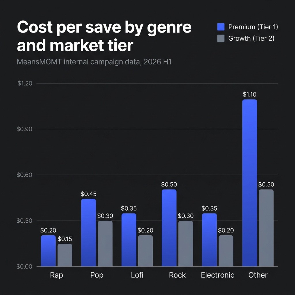 Bar chart of cost per save by genre, premium versus growth markets