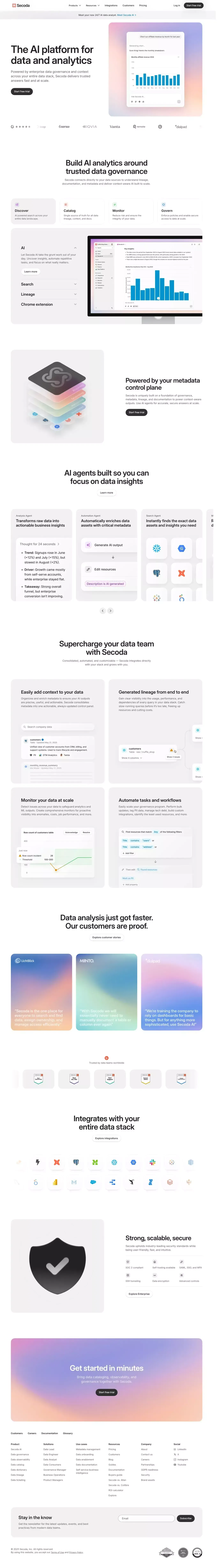 Secoda - The AI platform for data and an landing page screenshot showcasing AI and Tech design