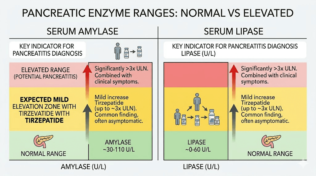 Pancreatic enzyme levels normal range vs expected tirzepatide elevation