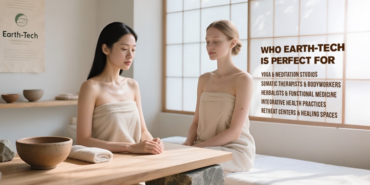 two individuals in a serene wellness environment, reflecting Earth-Tech's fusion of nature and technology for wellness brands.